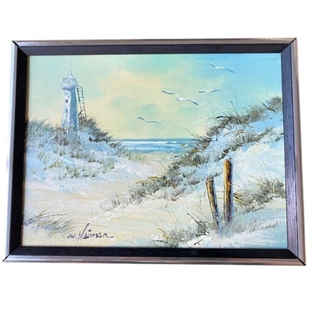 Neiman Original Oil Painting Lighthouse Sand Dunes Coastal Beach Seagulls 9x12